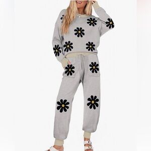 Sweater and Pants Set with Black Floral Design